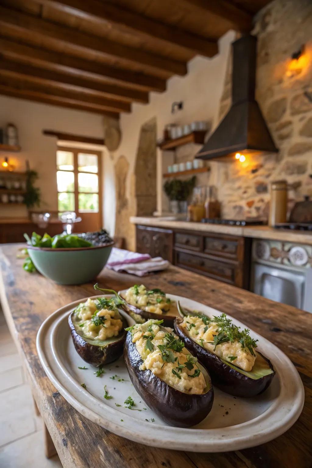 Eggplant vessels filled with eggs make for a satisfying and sophisticated presentation.