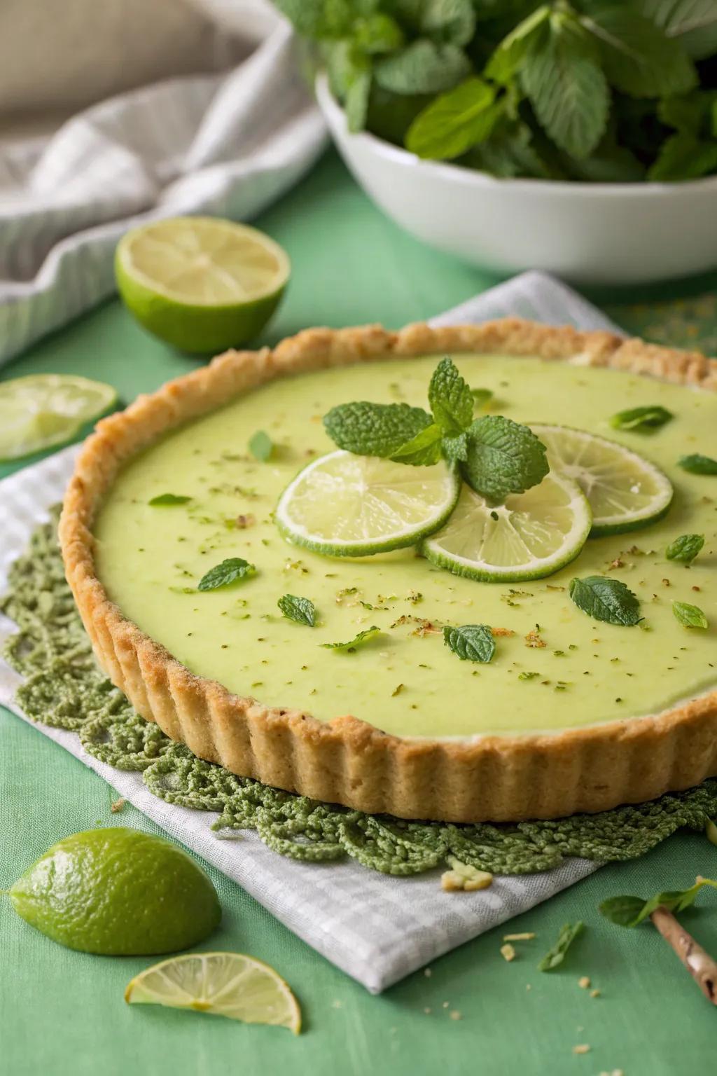Mint leaves injecting a revitalizing note into this key lime pie.