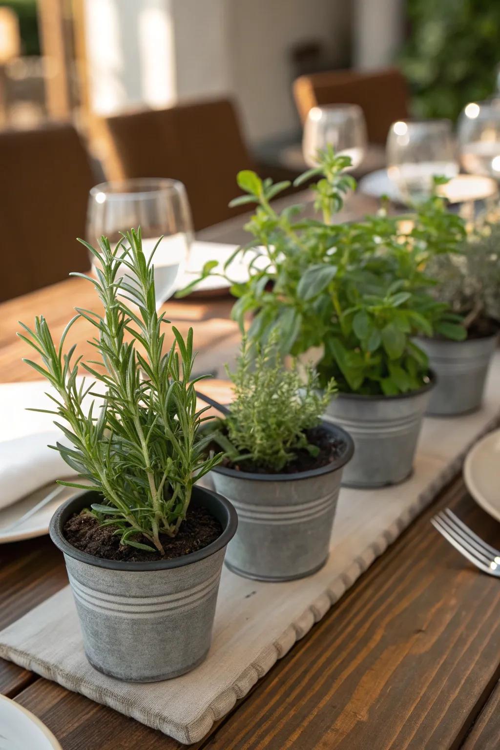 Fresh spices in containers impart a fragrant and verdant element to the table.
