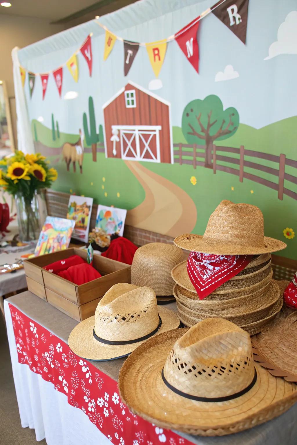 A farm-themed photo booth with fun props creates picture-perfect moments.