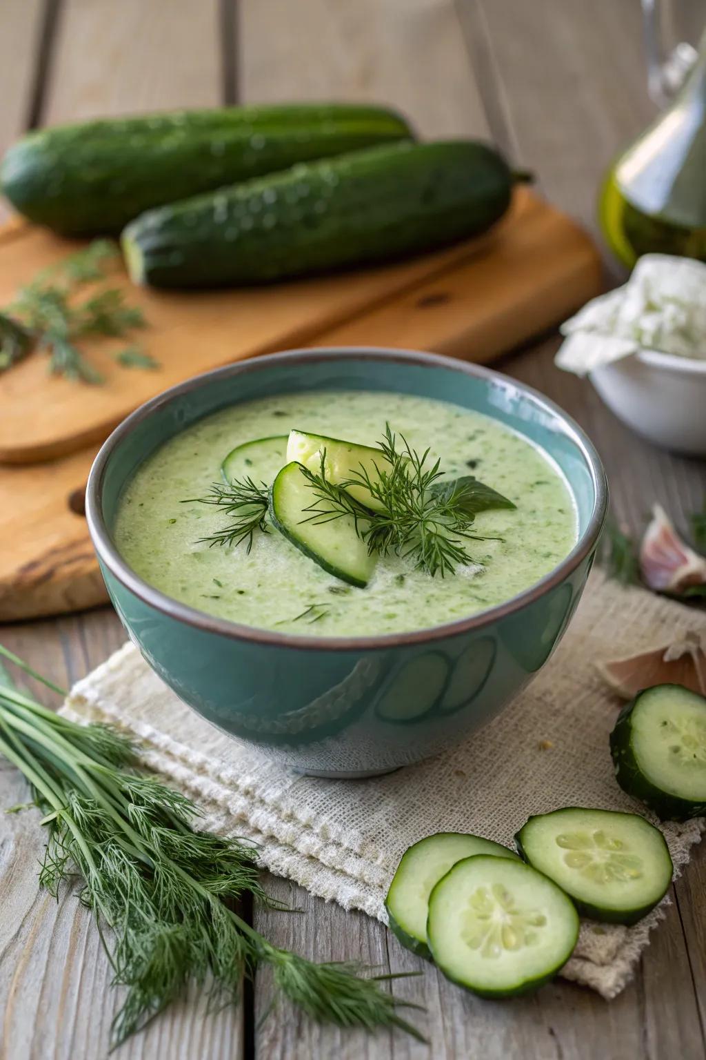 Chilled cucumber soup, a cool, revitalizing delight for summer.