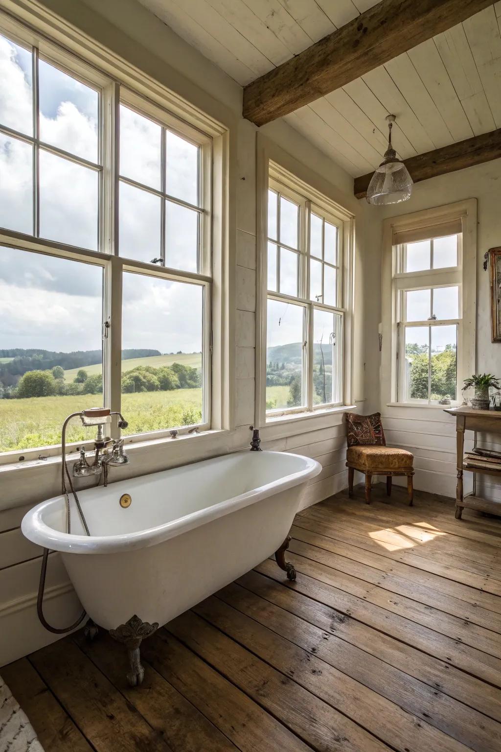 Natural illumination enhances the warm and welcoming atmosphere of a farmhouse bathroom.