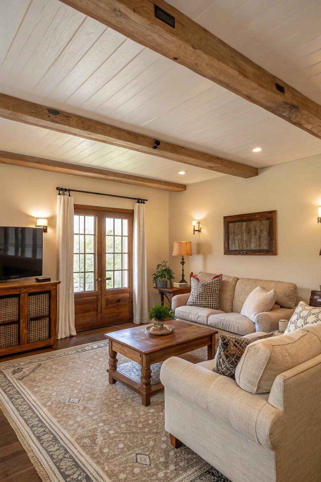 Subdued color schemes foster a serene ambiance in this farmhouse living area.