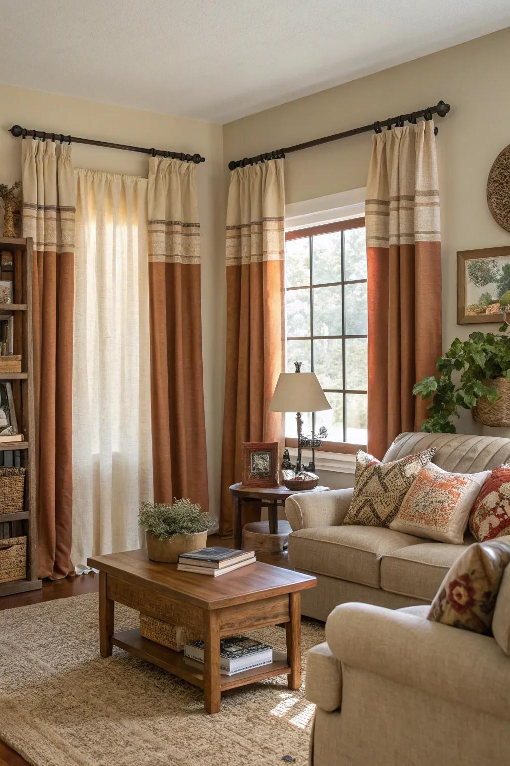 Functional farmhouse curtains providing privacy and style in a cozy living room.