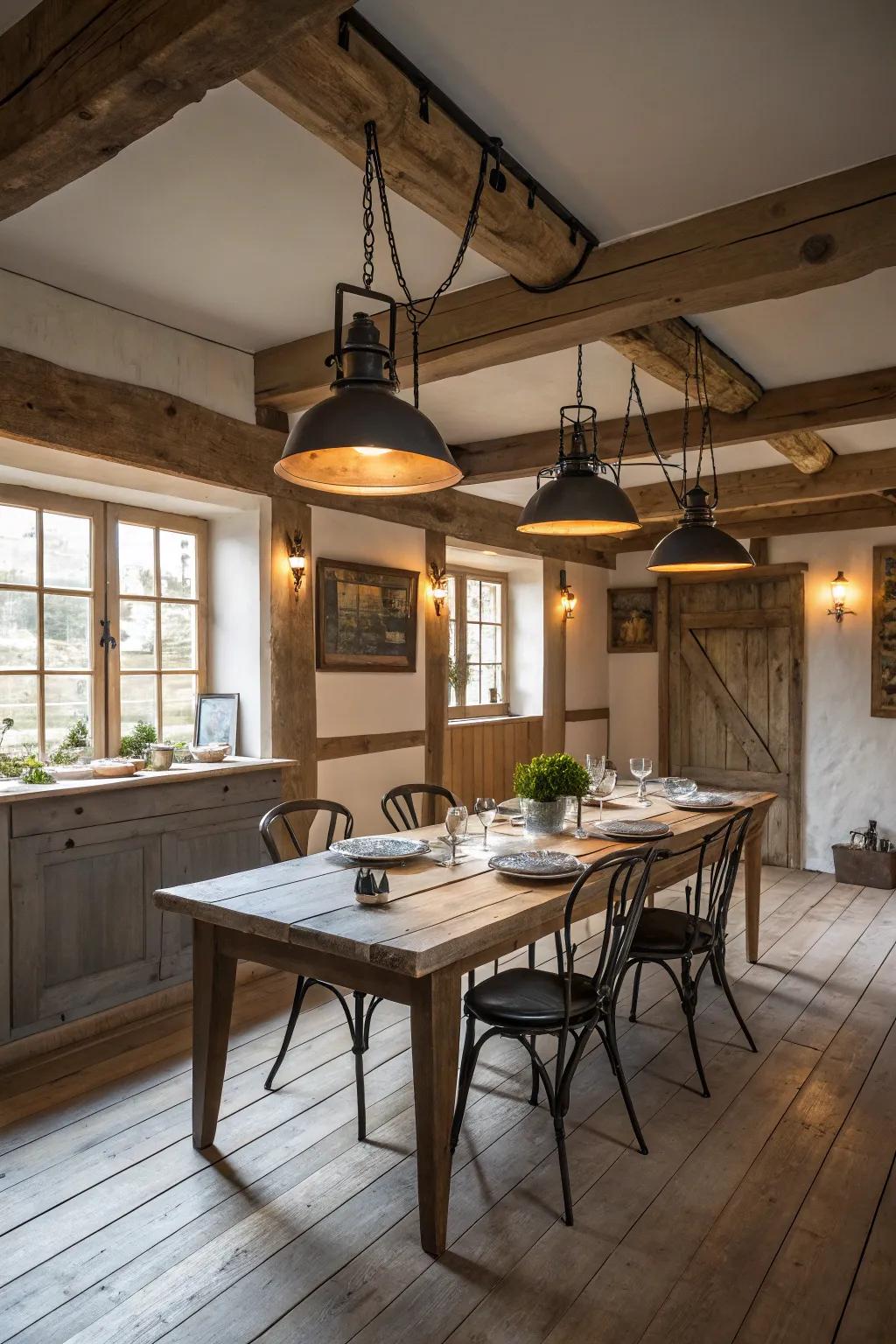 Countryside drop lights illuminate and define this farmhouse dining space.