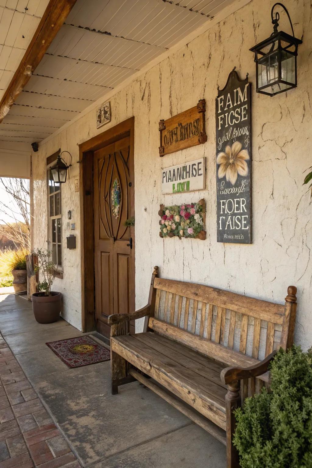 Farmhouse-style wall signs add a personal touch to the entryway.
