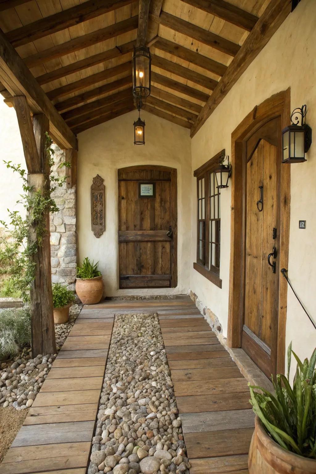 A farmhouse entryway showcasing expressive distressed wood floors.