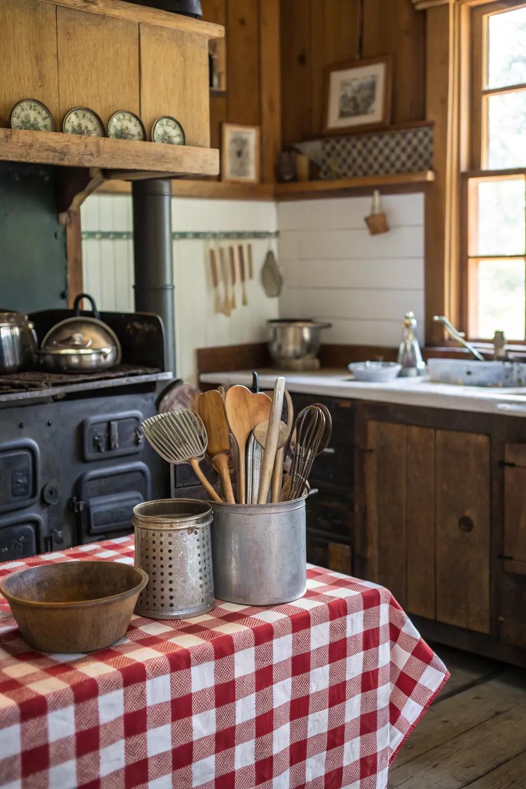 Old-fashioned kitchen tools introducing a historical accent to a farmhouse cooking space.