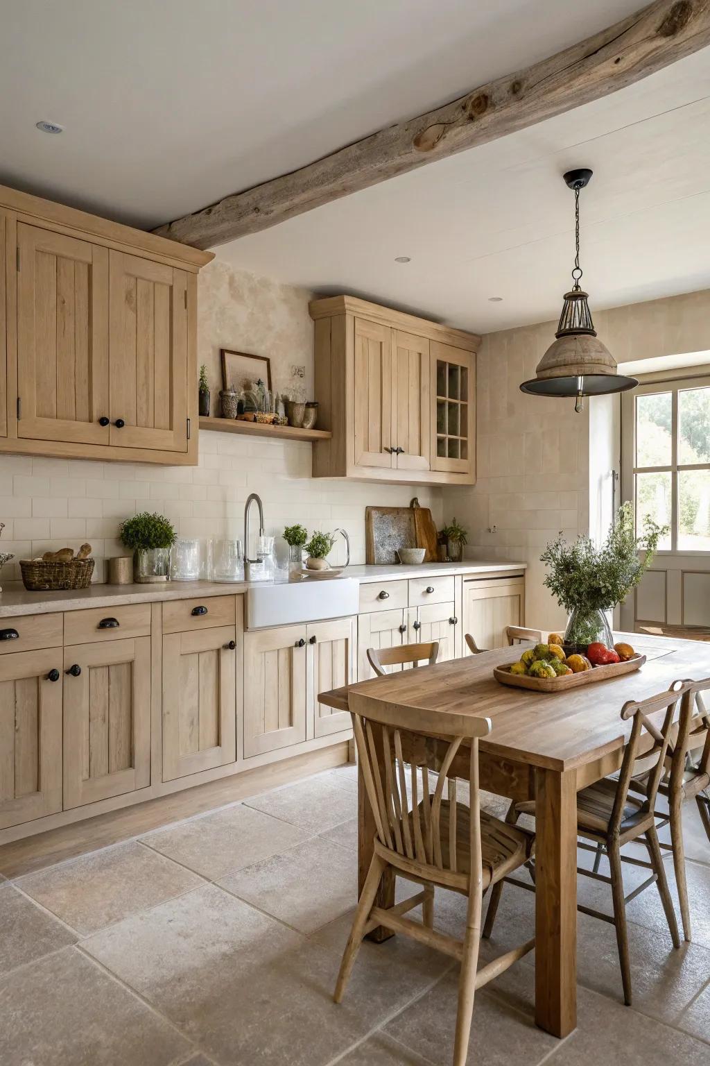 Neutral pigments accentuate the warmth of pale timber fittings in a country-style cooking area.