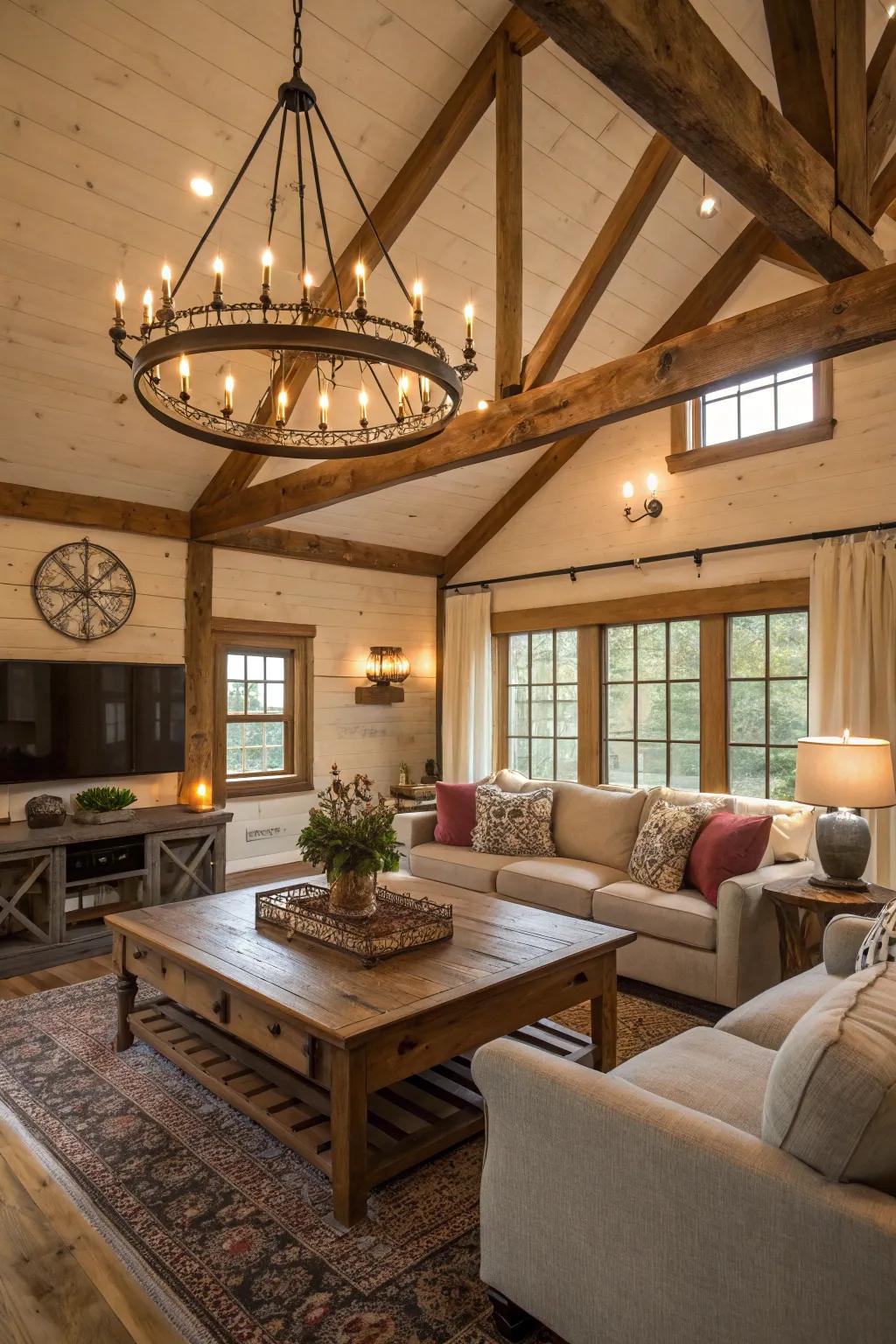 A farmhouse illumination piece enriches elegance and harmony within this living area.
