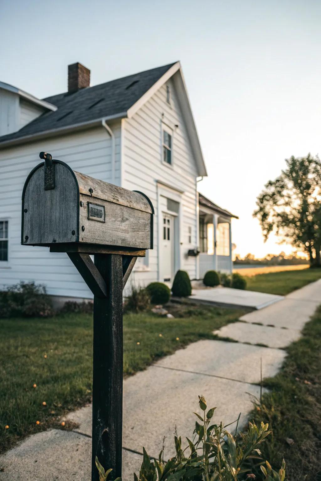 Striking contrast between dark and light makes this farmhouse mailbox exceptionally attractive.