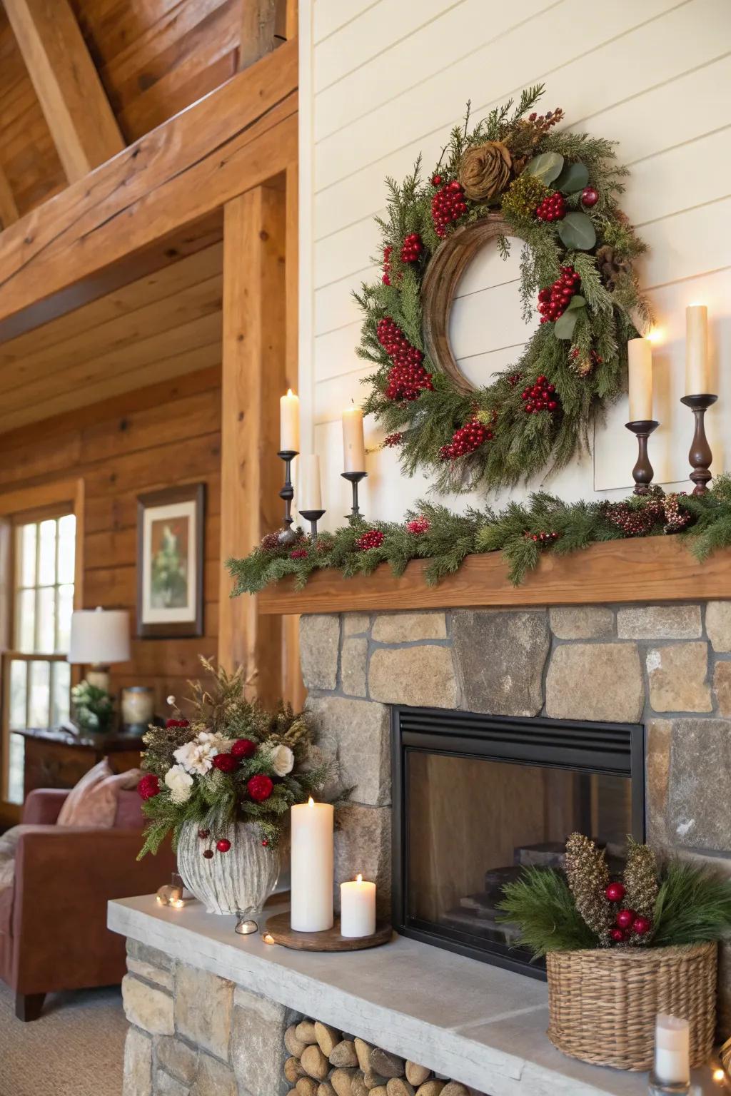 A seasonal wreath brings timely charm to the farmhouse mantel.