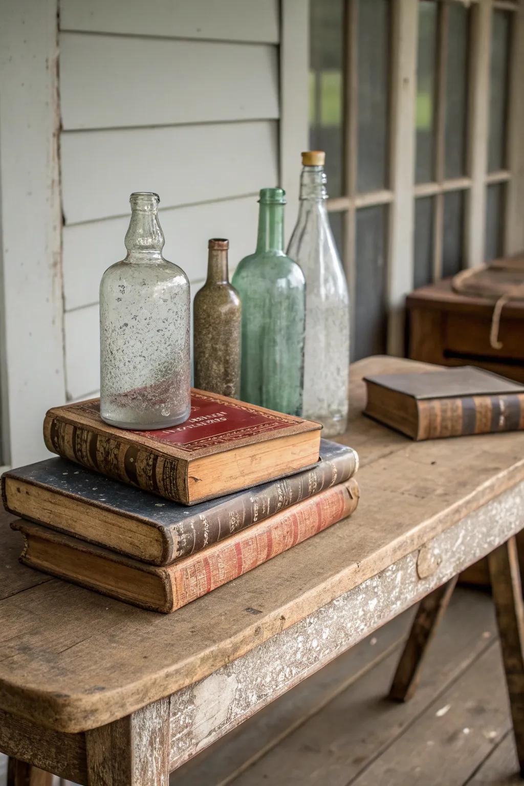 Vintage books and vessels contribute a sentimental nuance to your farmhouse table.