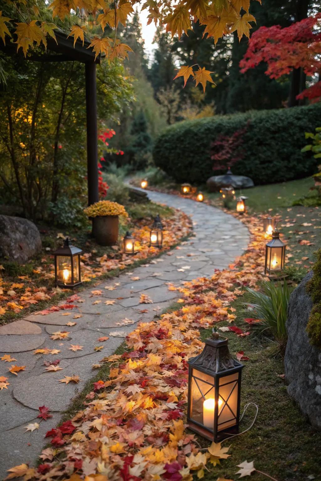 An illuminated pathway contributes enchantment to any autumn event.