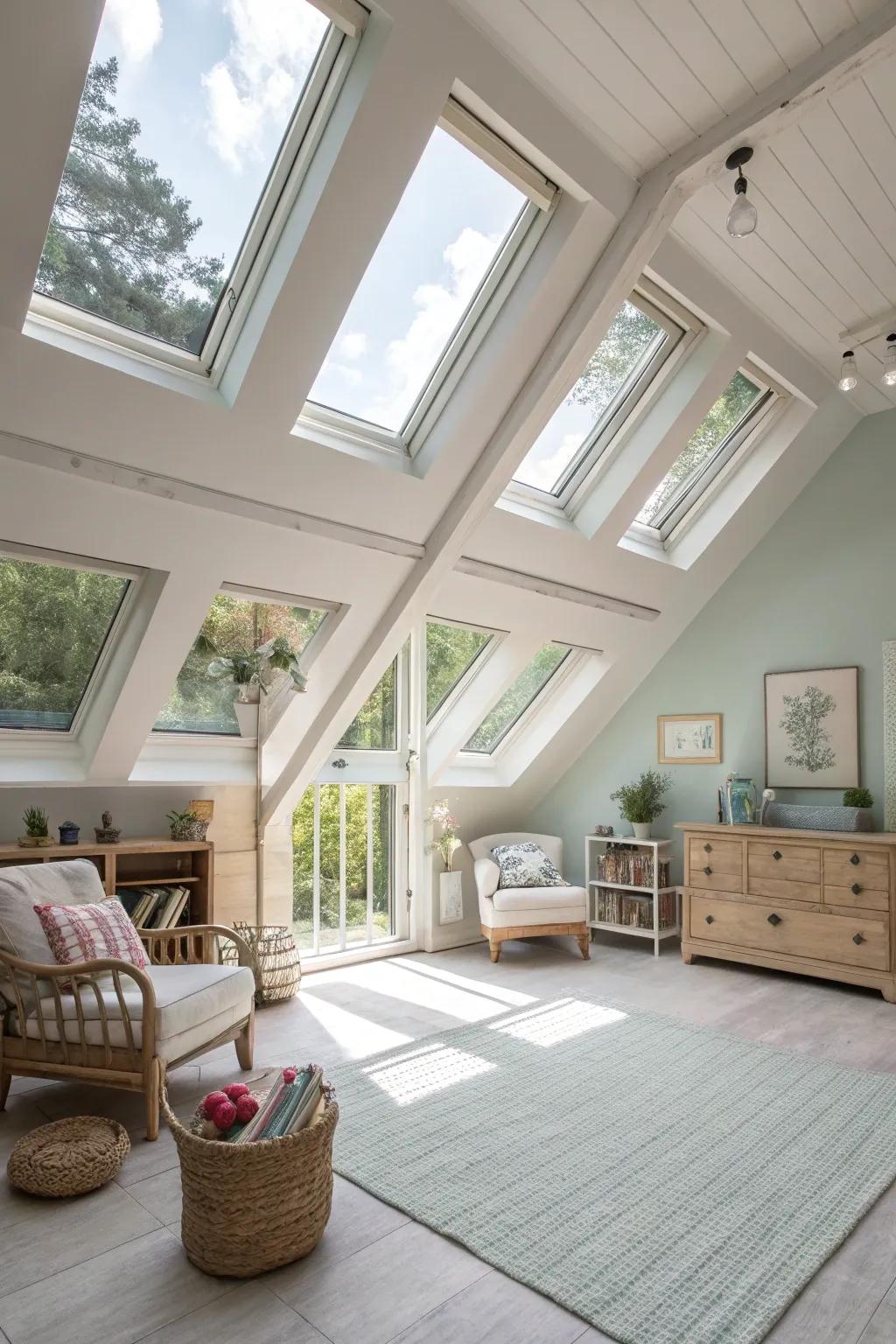 A light-filled attic sanctuary that feels open and bright.
