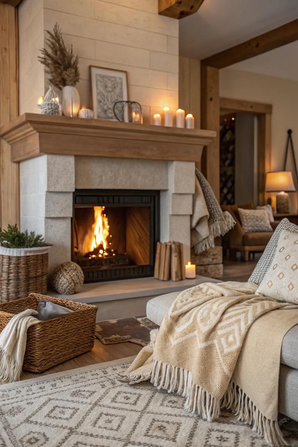 The fireplace area is cozy and inviting thanks to the use of neutral and warm tones.