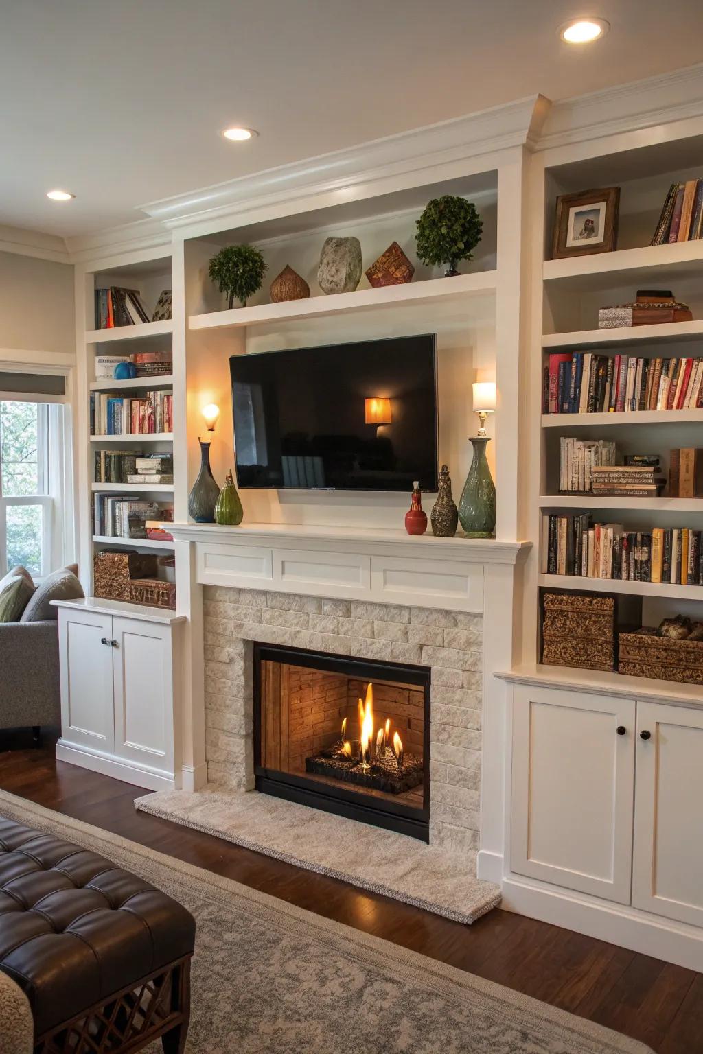 Integrated shelves enhancing functionality and style to the mantel area.