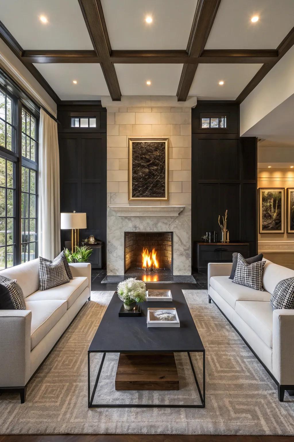 This modern living room rocks a fireplace with a bold mix of colors that really makes it stand out.