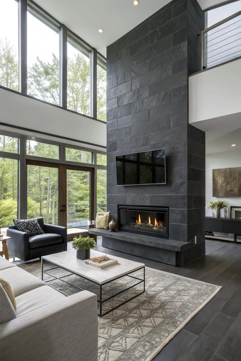 Dark slate cladding bestows playfulness and modernity to this refined fireplace.
