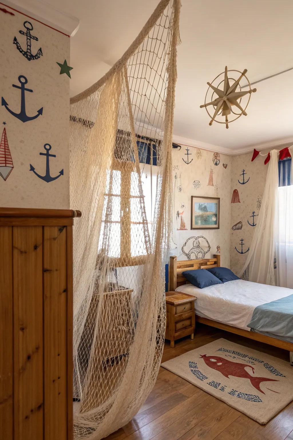 Using fishing nets as curtains provides a distinctive texture and nautical aesthetic.