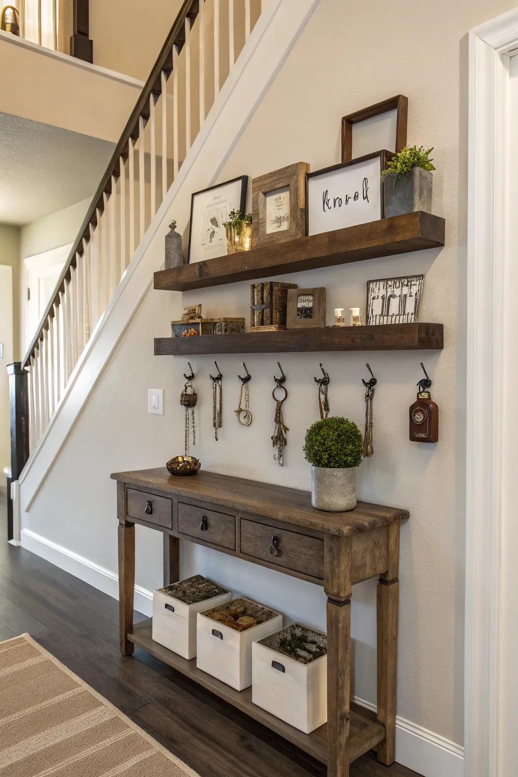 Entryway enhanced using floating shelves for essentials.