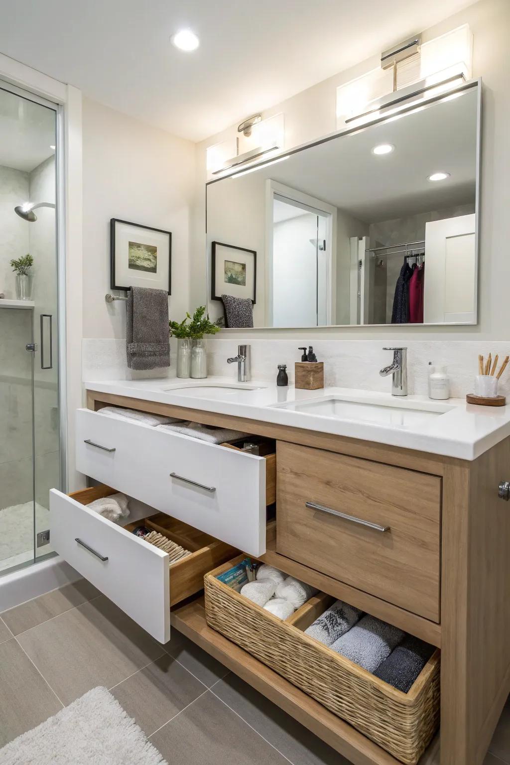 A bathroom with a floating vanity featuring built-in storage drawers for a tidy appearance.