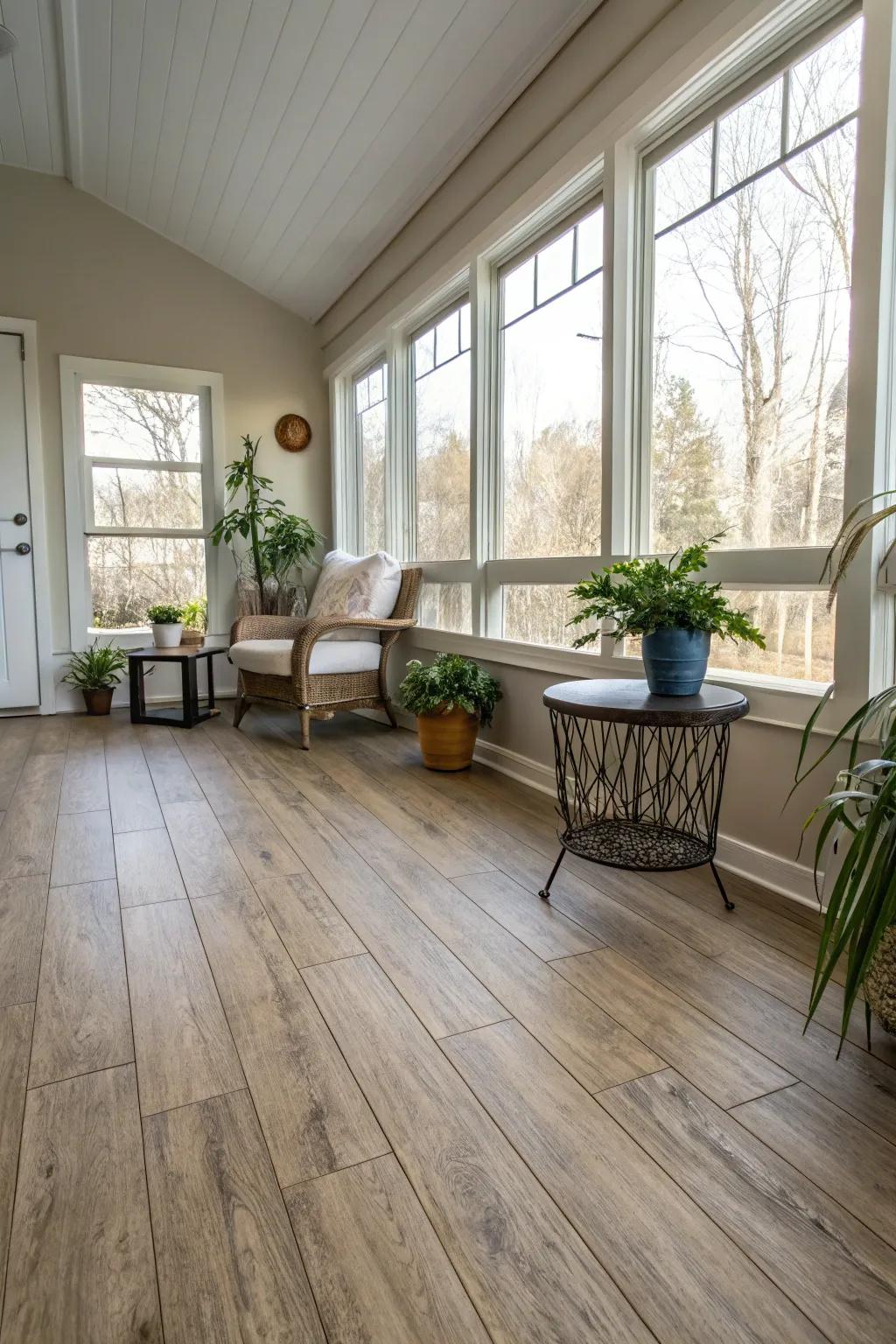Elegant sunroom boasting wood-look laminate flooring.