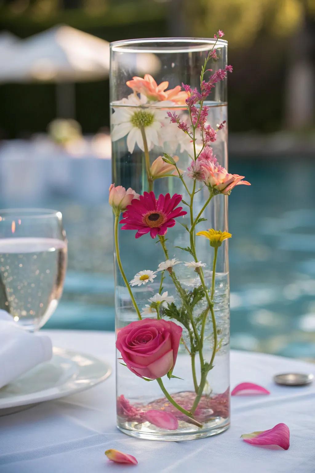 Suspended flower centerpiece, forming a captivating visual effect on the table.