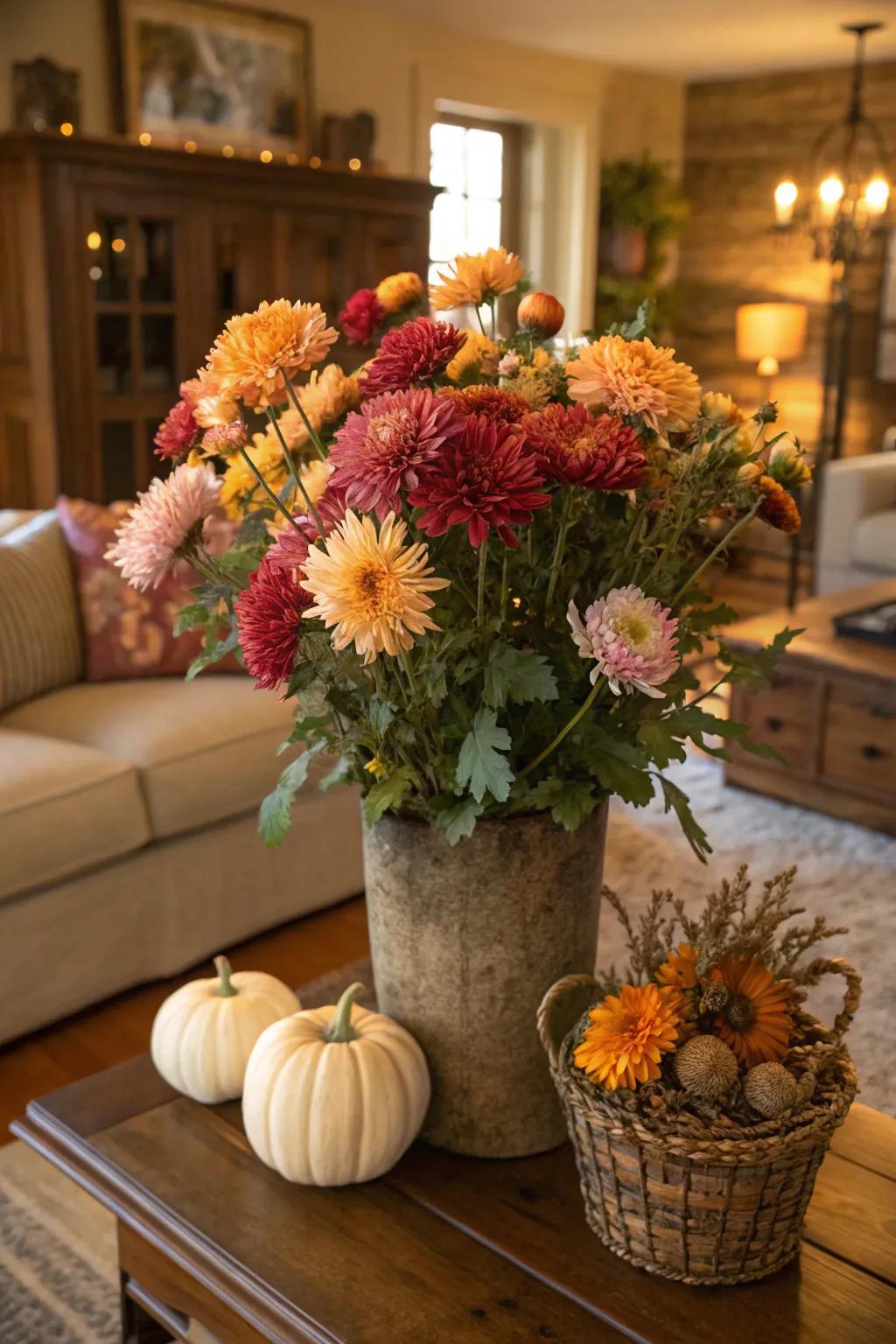 A seasonal bouquet featuring chrysanthemums, bringing autumn vibes indoors.