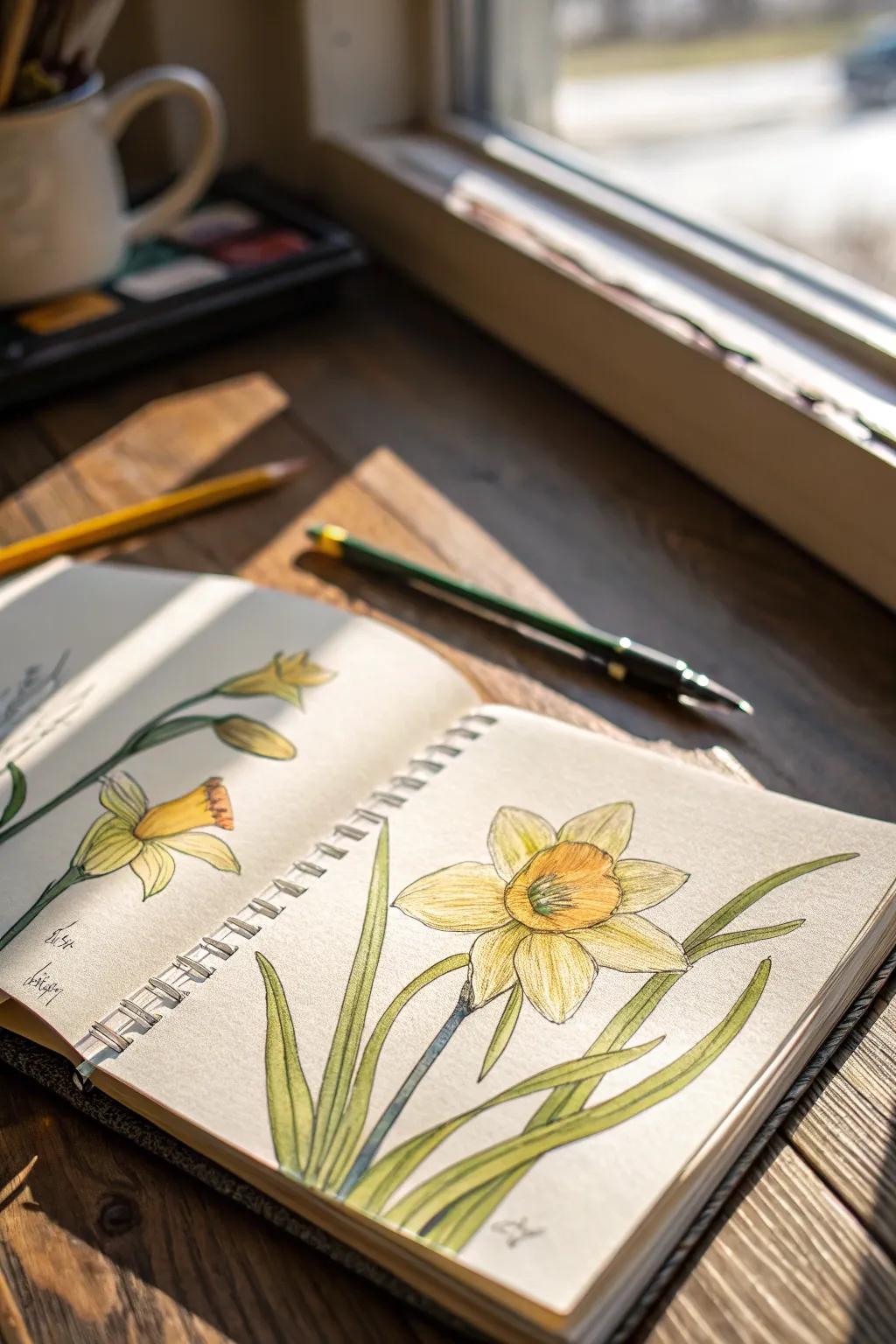 Whimsical daffodils brightening up the page with their sunny disposition.