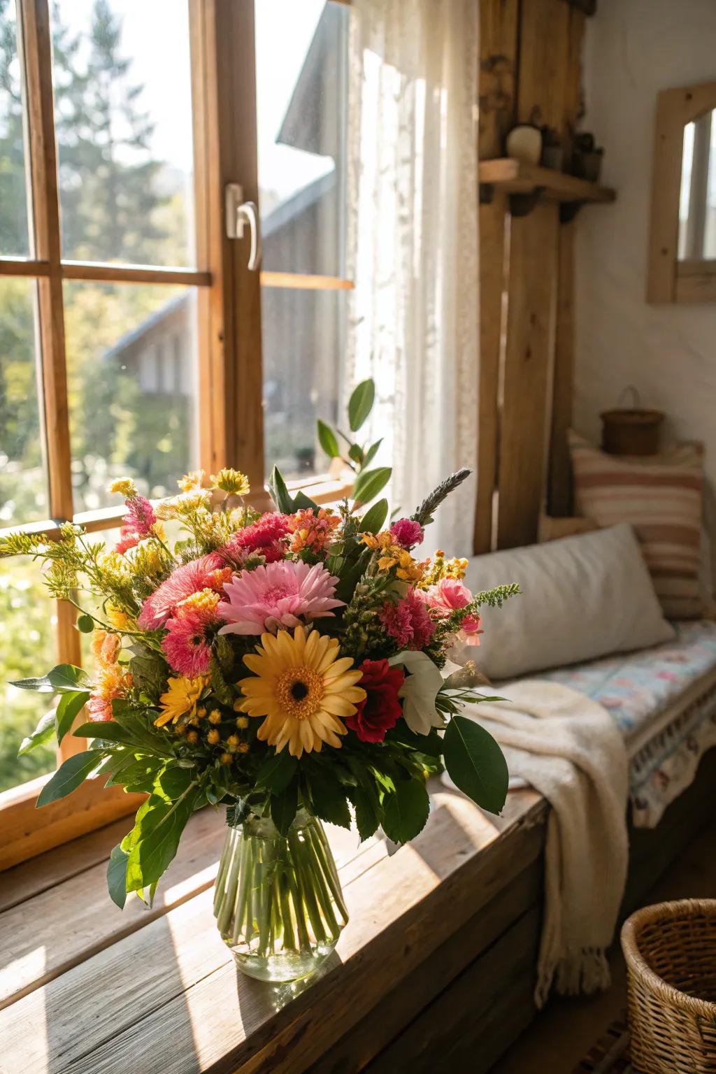 A sunlit window amplifies the charm of vibrant blossoms.