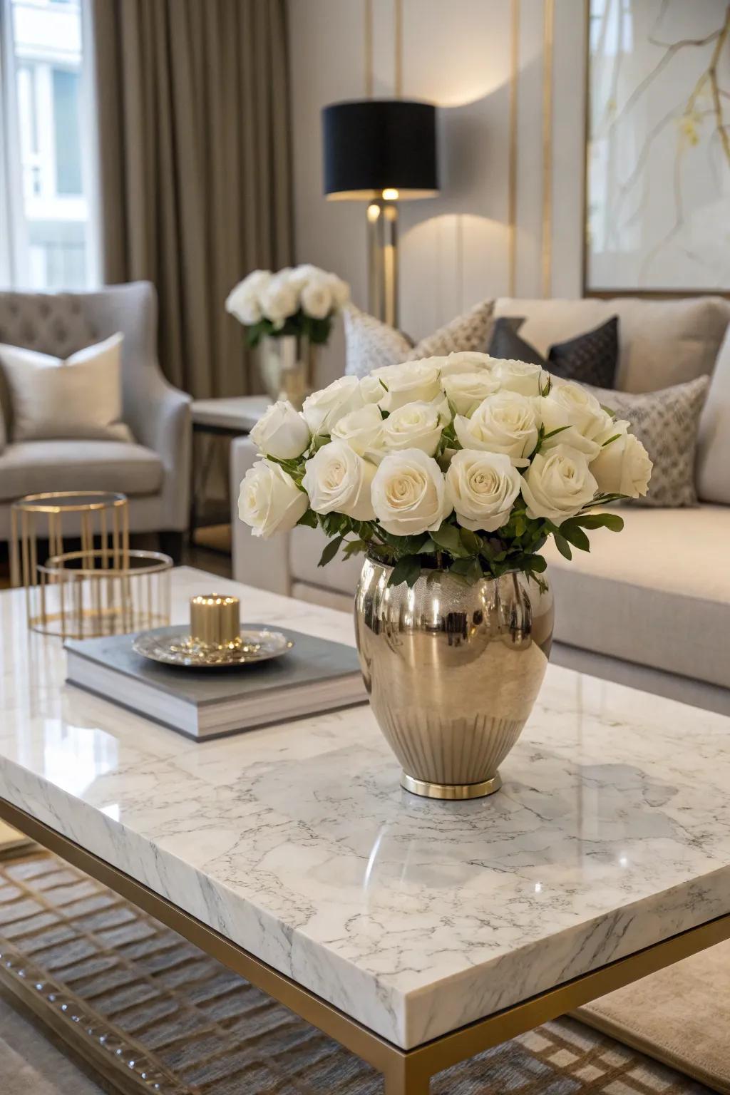 Metallic accents inject a glamorous shimmer into display decoration.