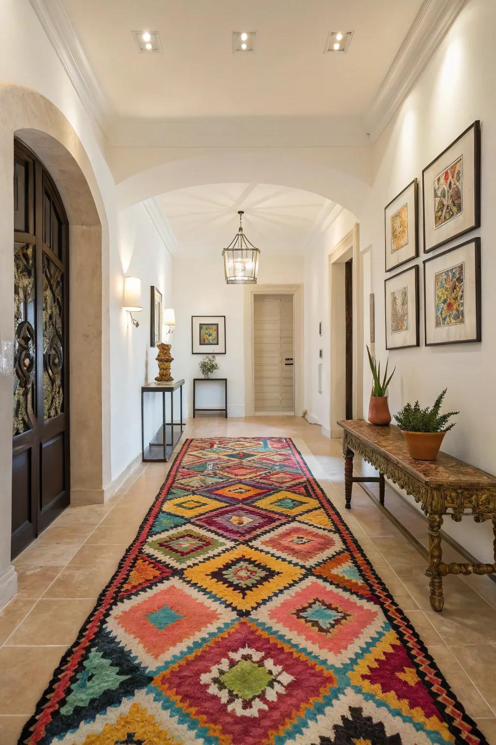 A vivid rug that infuses warmth and character into the foyer.