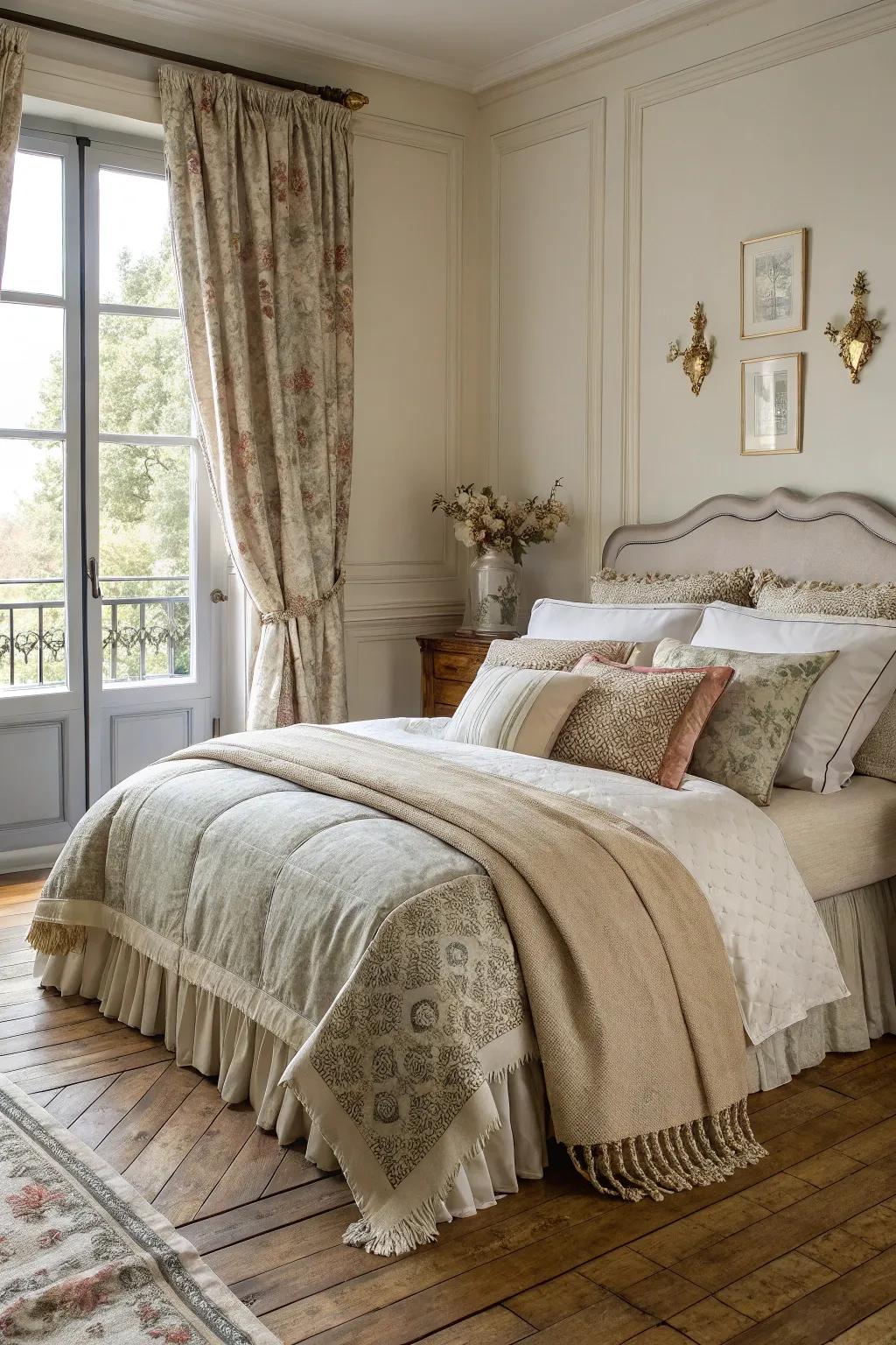 Arranged textiles impart ease and depth to this French boudoir.