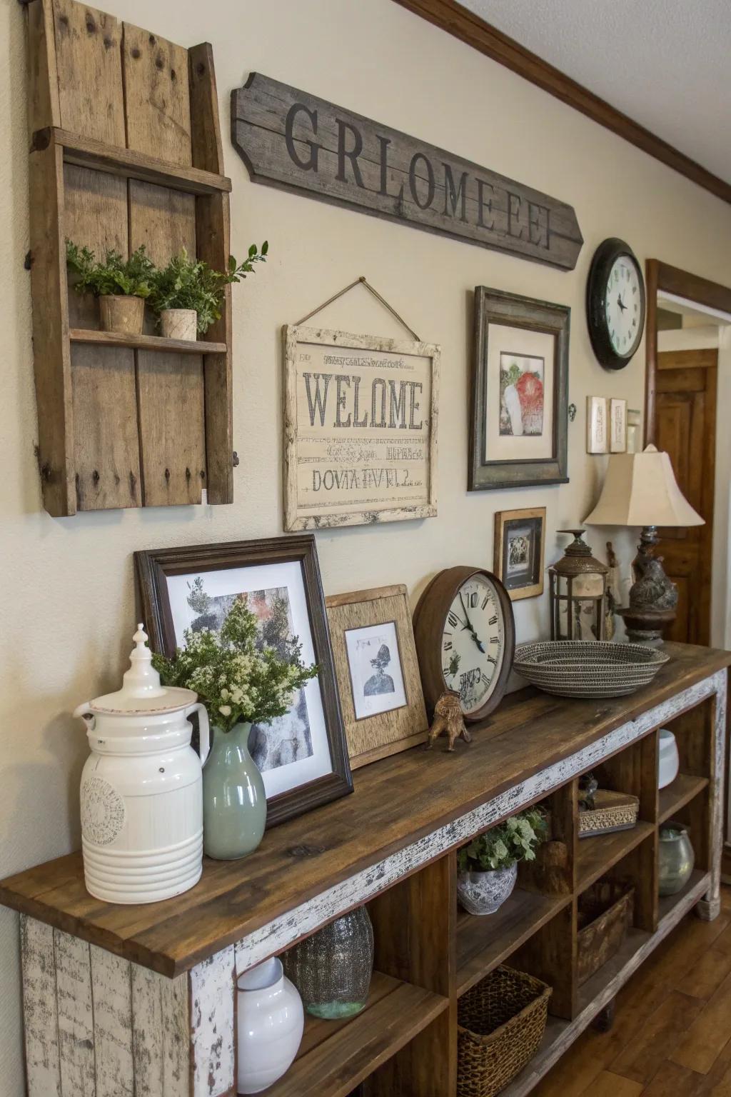 Rustic wall art and vintage accessories adding charm to a space.
