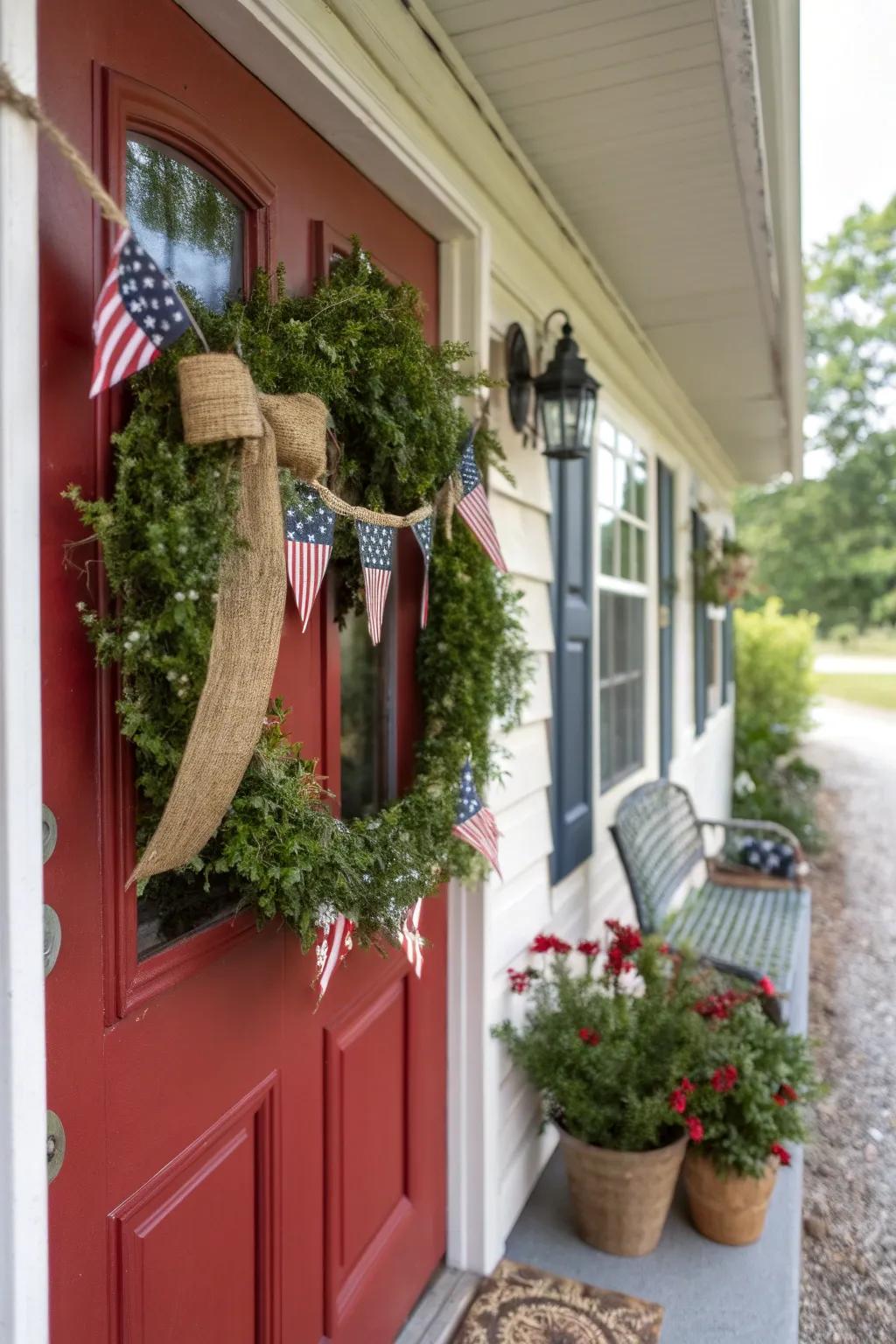 A cozy and inviting burlap and banner wreath.