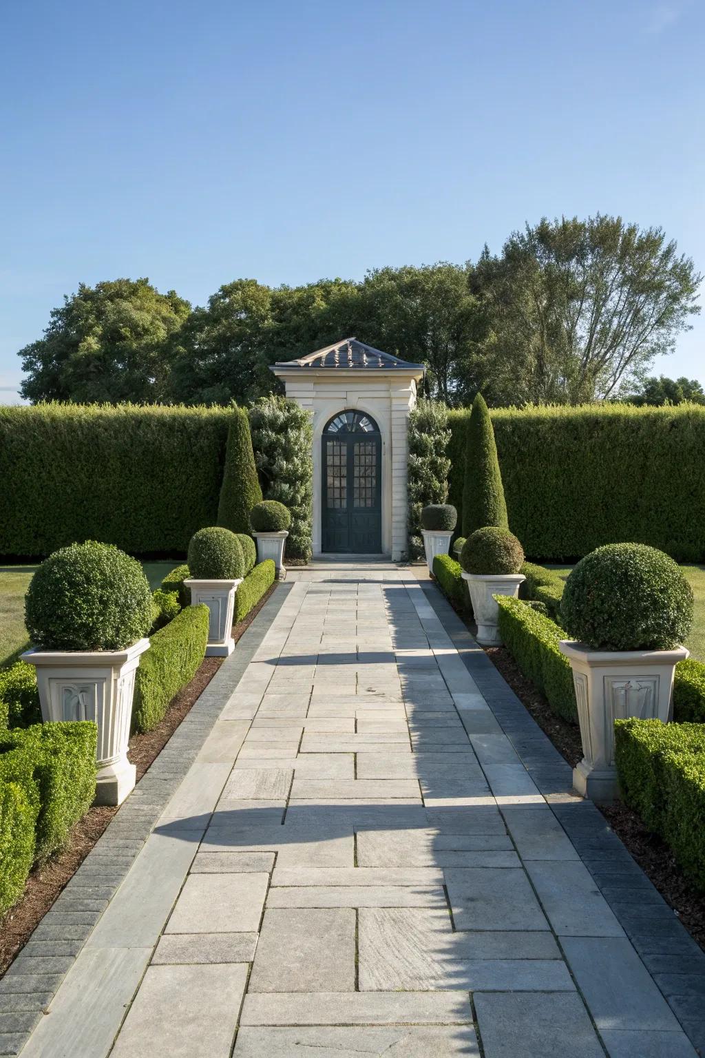 A perfectly symmetrical path aligning flawlessly with the home’s facade.