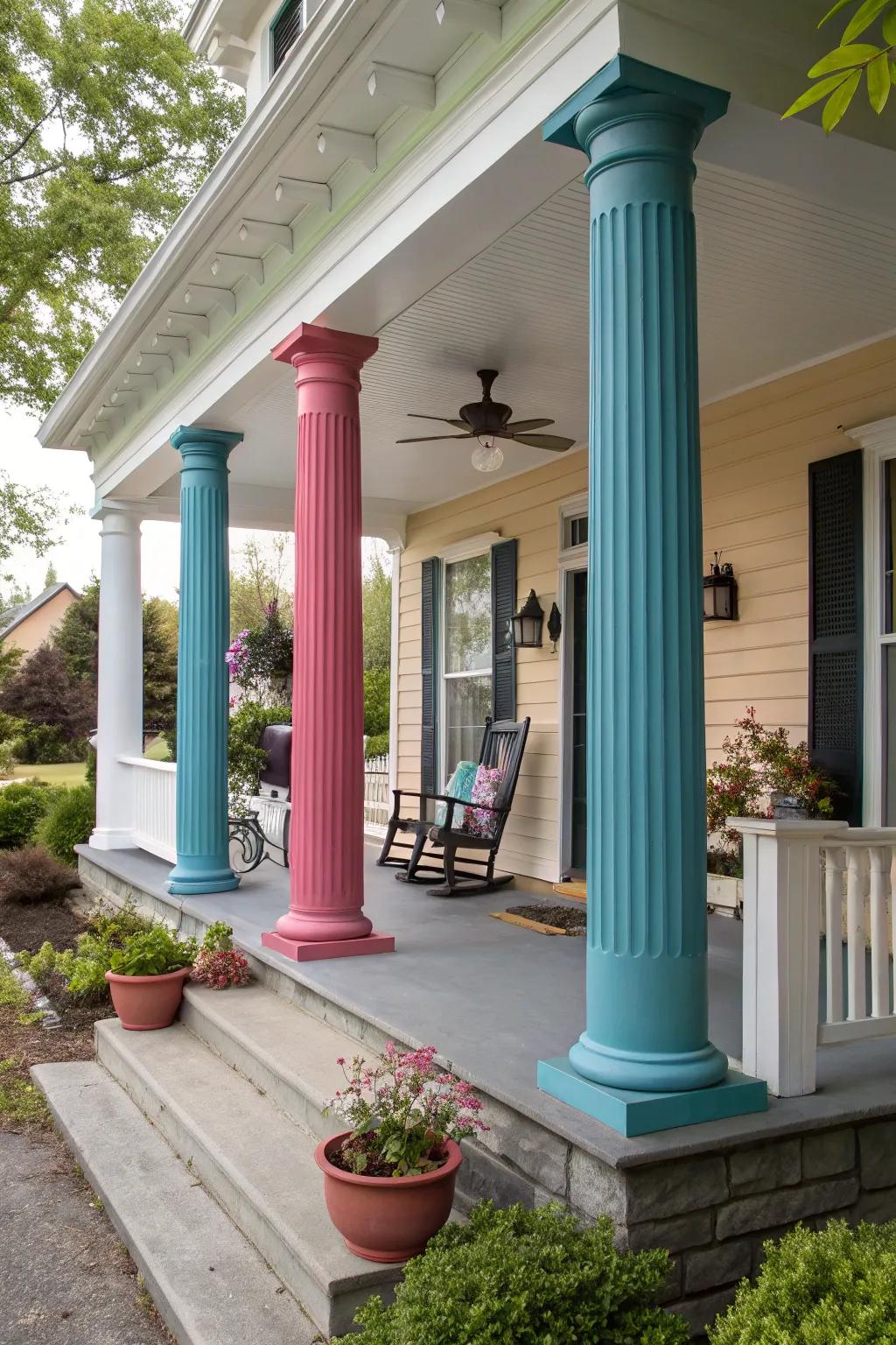 Contrasting colors on columns make a daring statement for your porch.