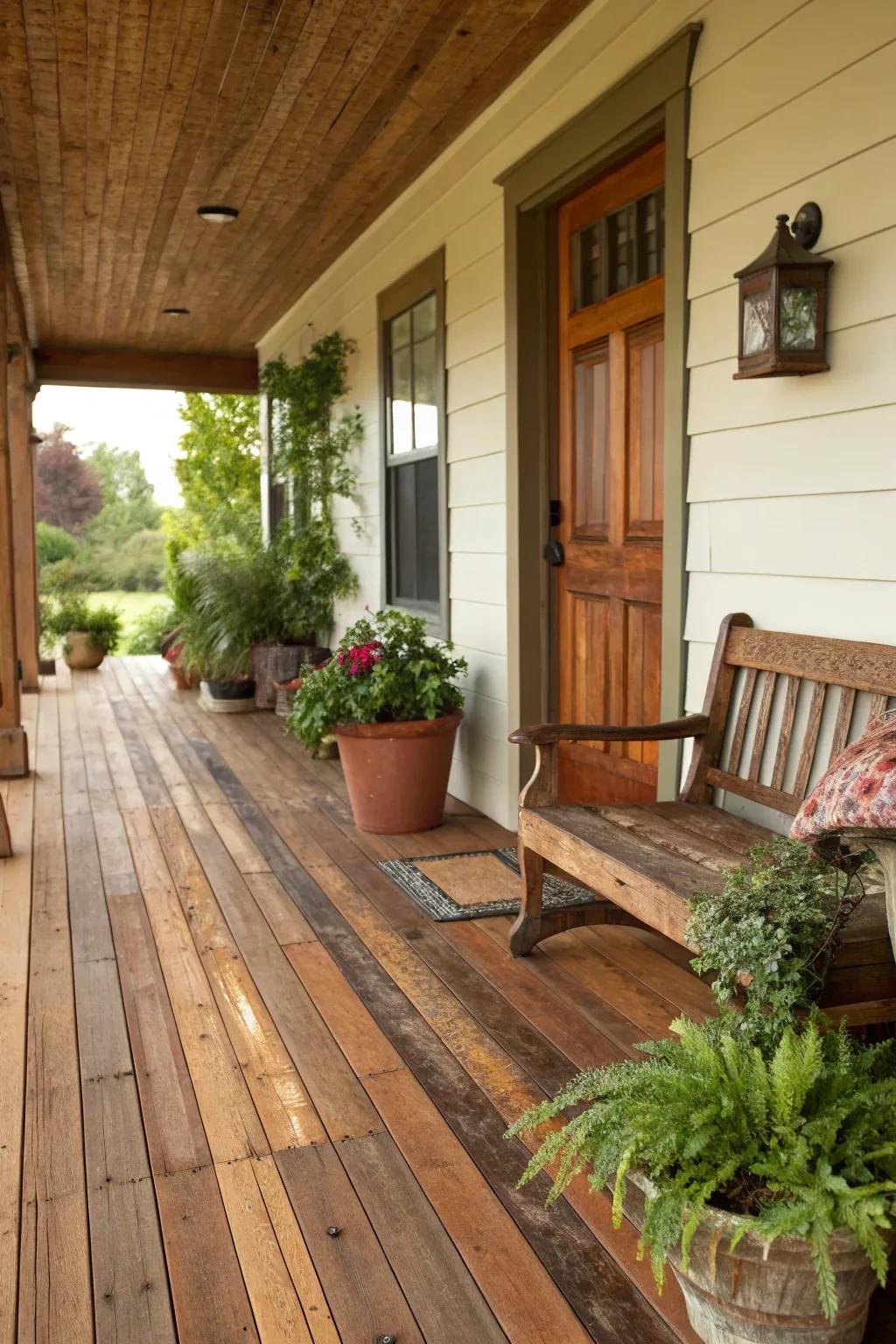 Cedarwood flooring supplies a rustic and sturdy porch solution.