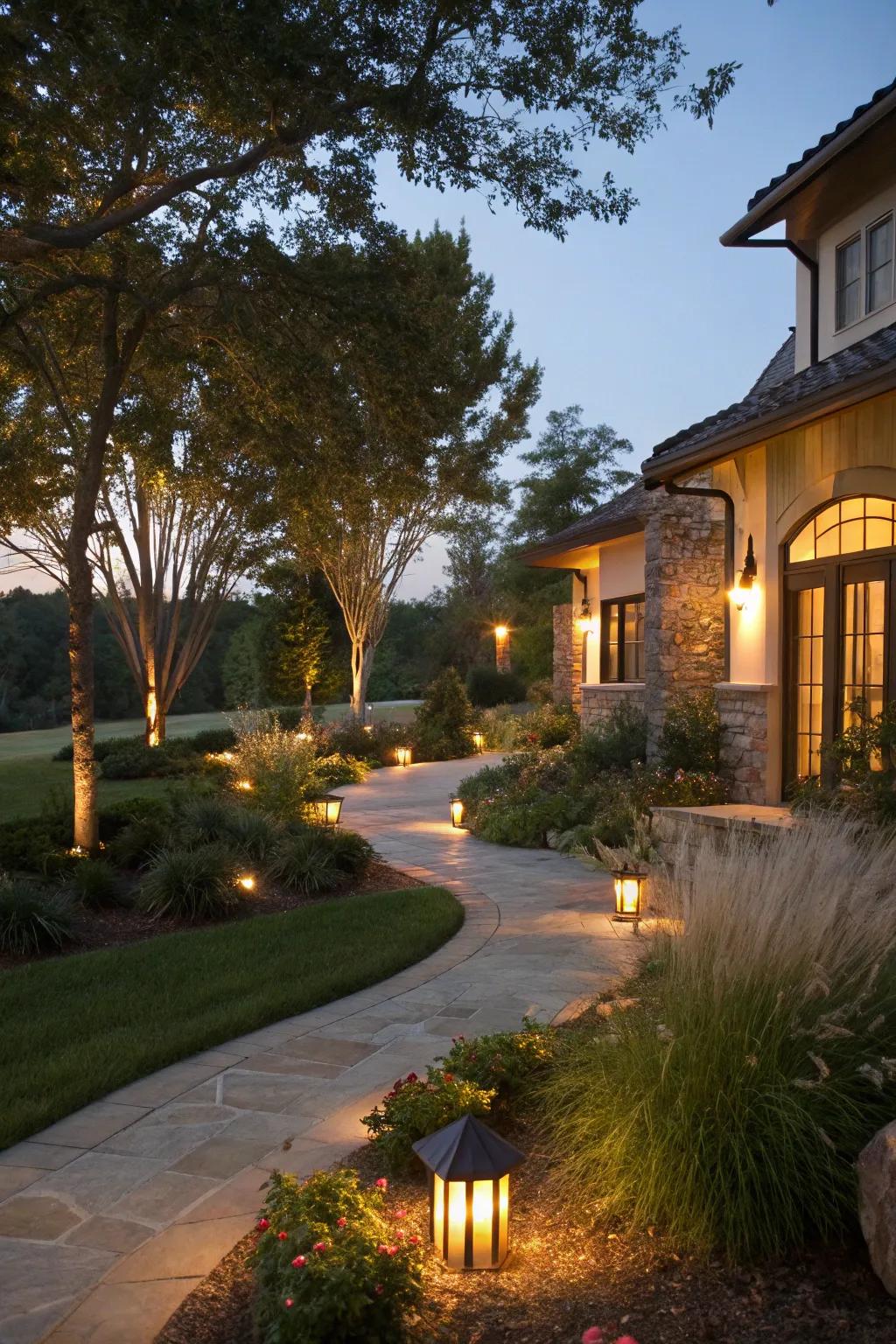 Outdoor illumination refines the courtyard's evening environment.