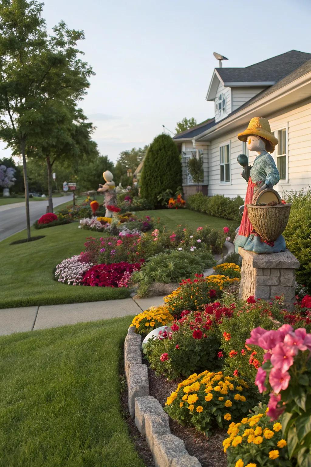 Highlight embellishments contribute charm and focal attraction to the flower beds.