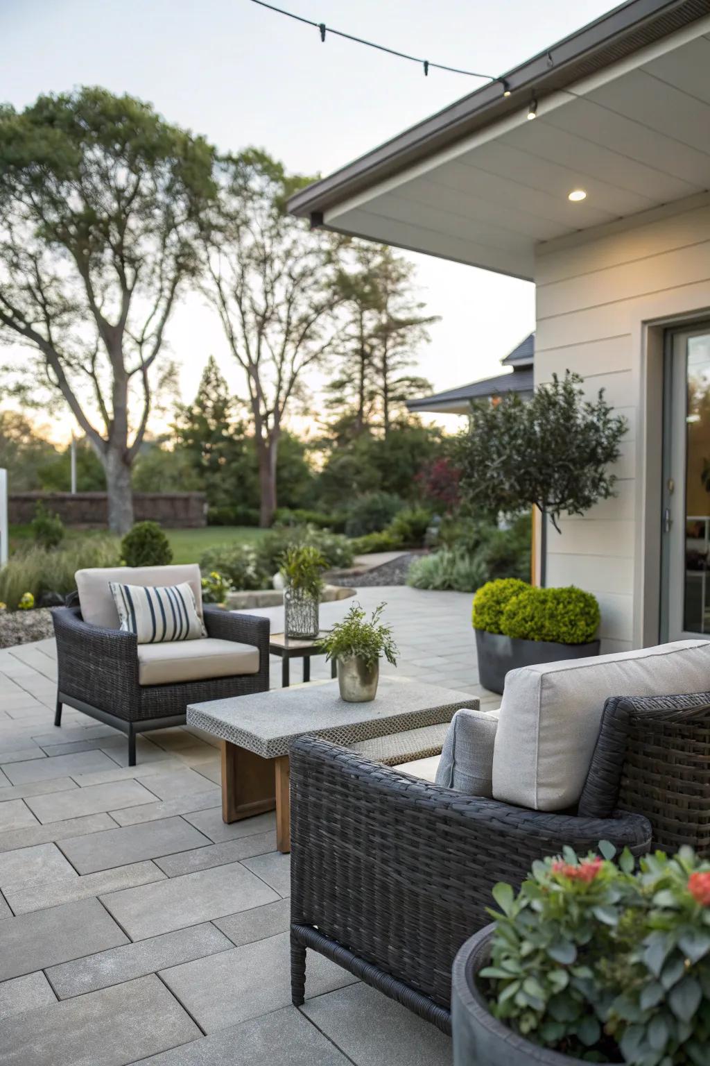 A snug courtyard in the front garden delivers a practical outdoor retreat.