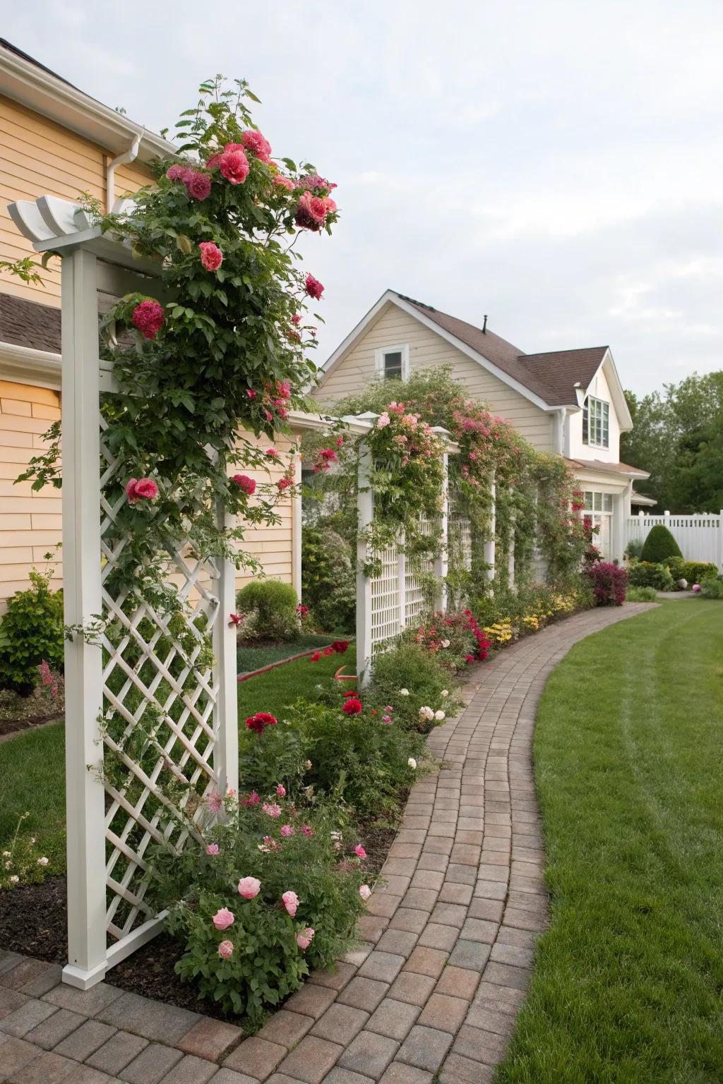 Supports with twining flora bring upright interest and privacy.