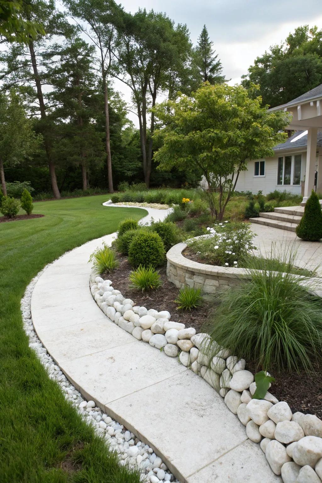 Curved lines in rock landscaping create a natural and inviting flow.