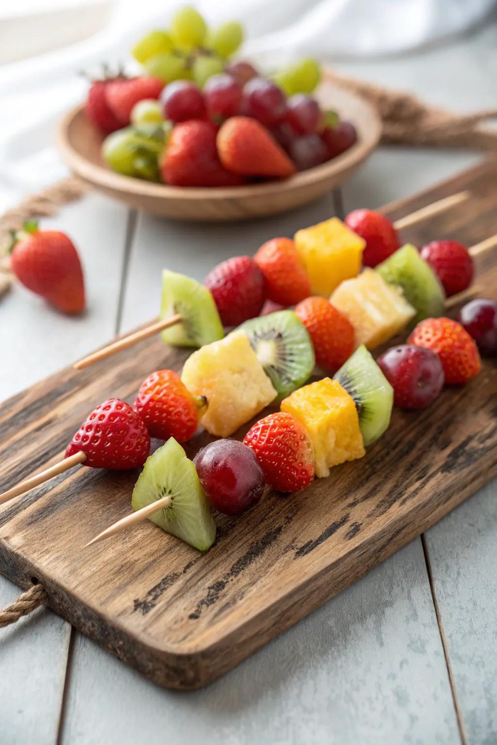 Fruit skewers introduce a playful twist to conventional fruit salads.