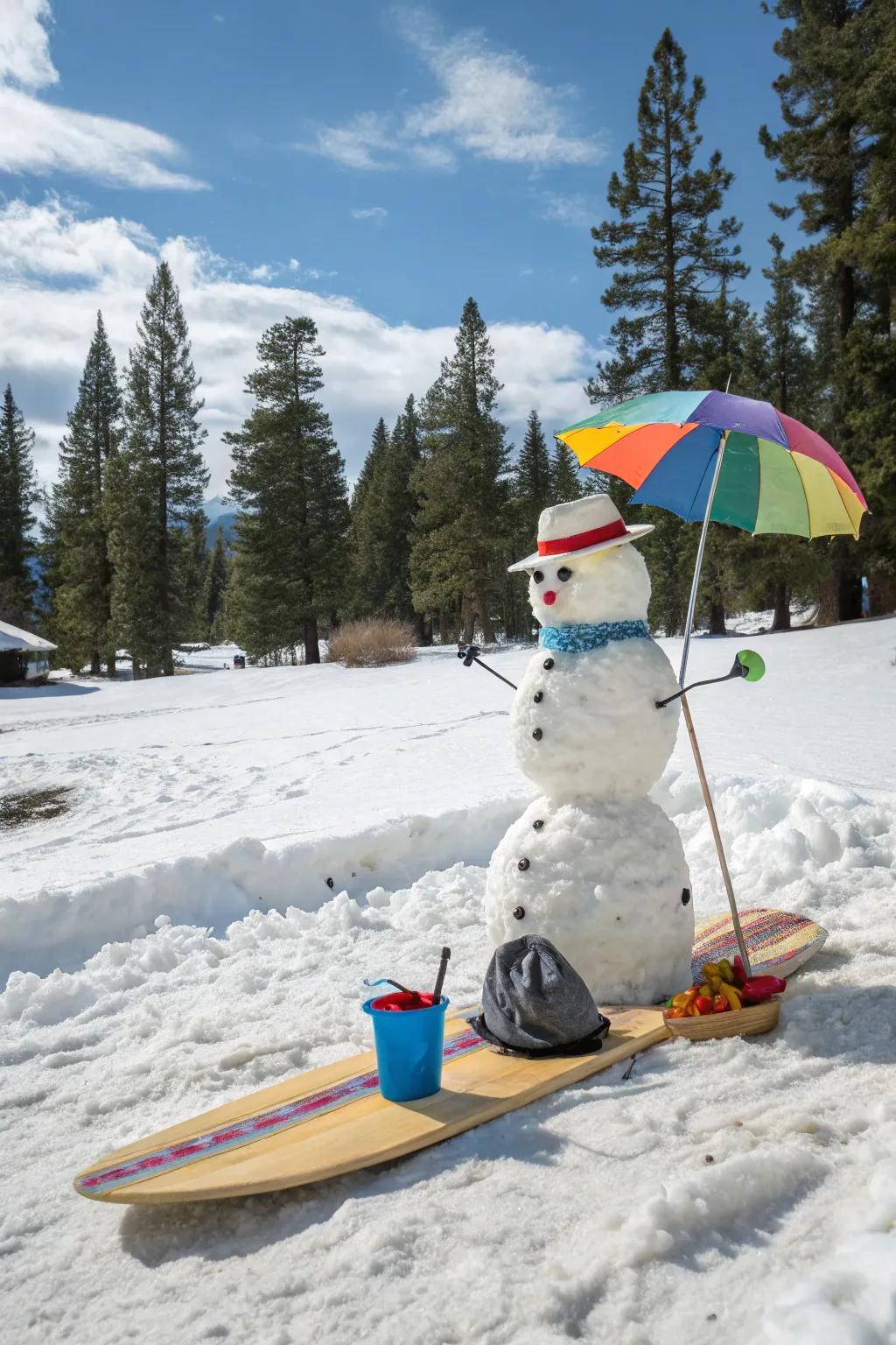 A snow-figure prepared to ride some crests in the snow.