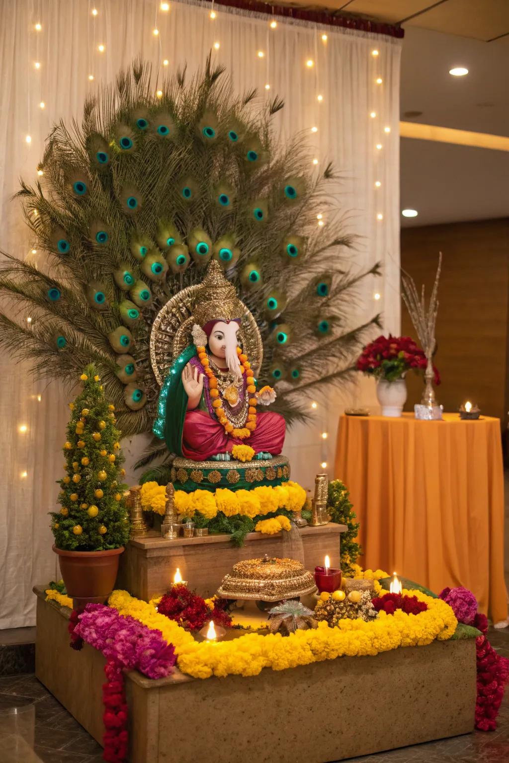 Elegant peacock feathers bestowing an element of beauty and significance to Ganesh Chaturthi decor.
