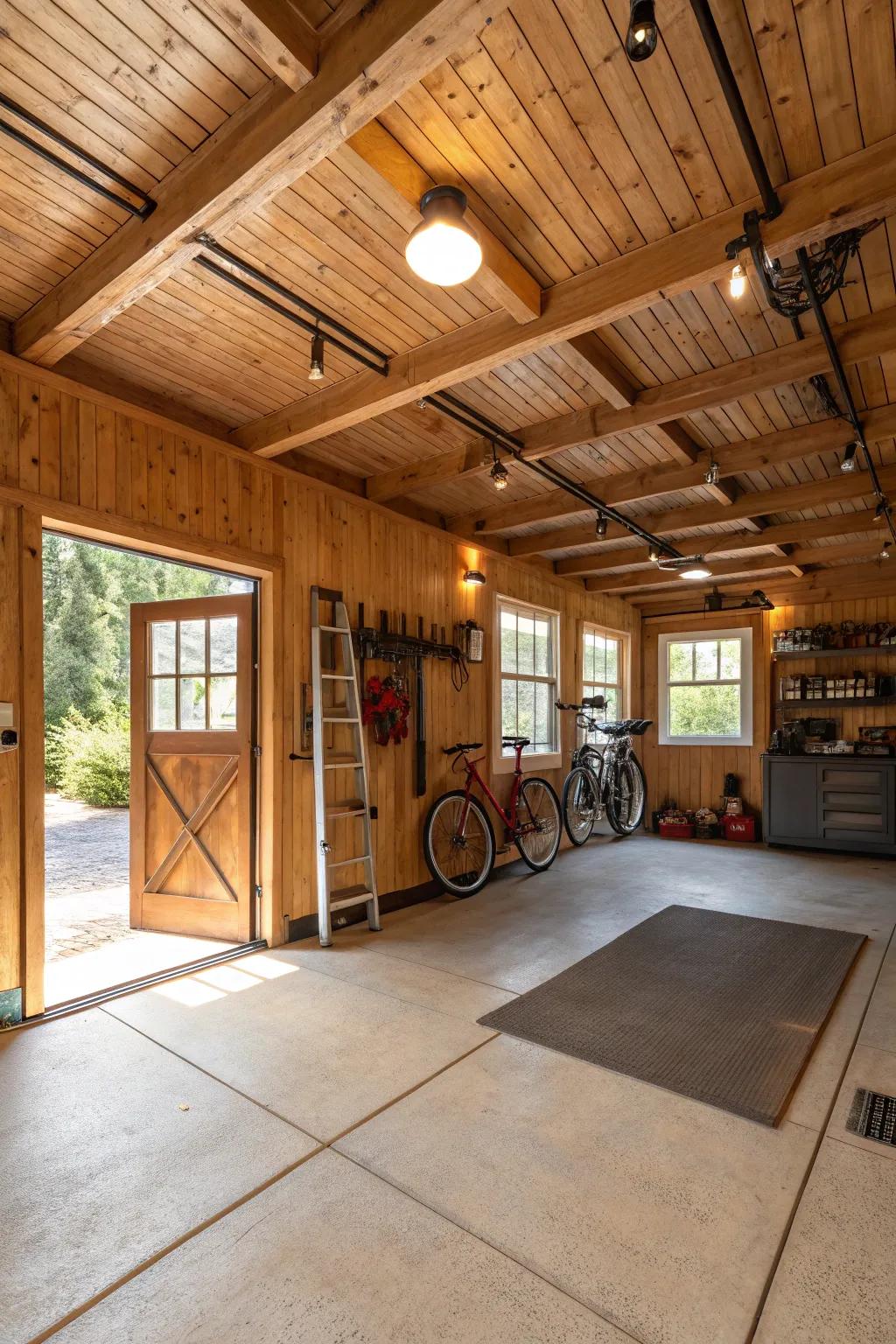 Wood panels add natural warmth and elegance to your garage ceiling.