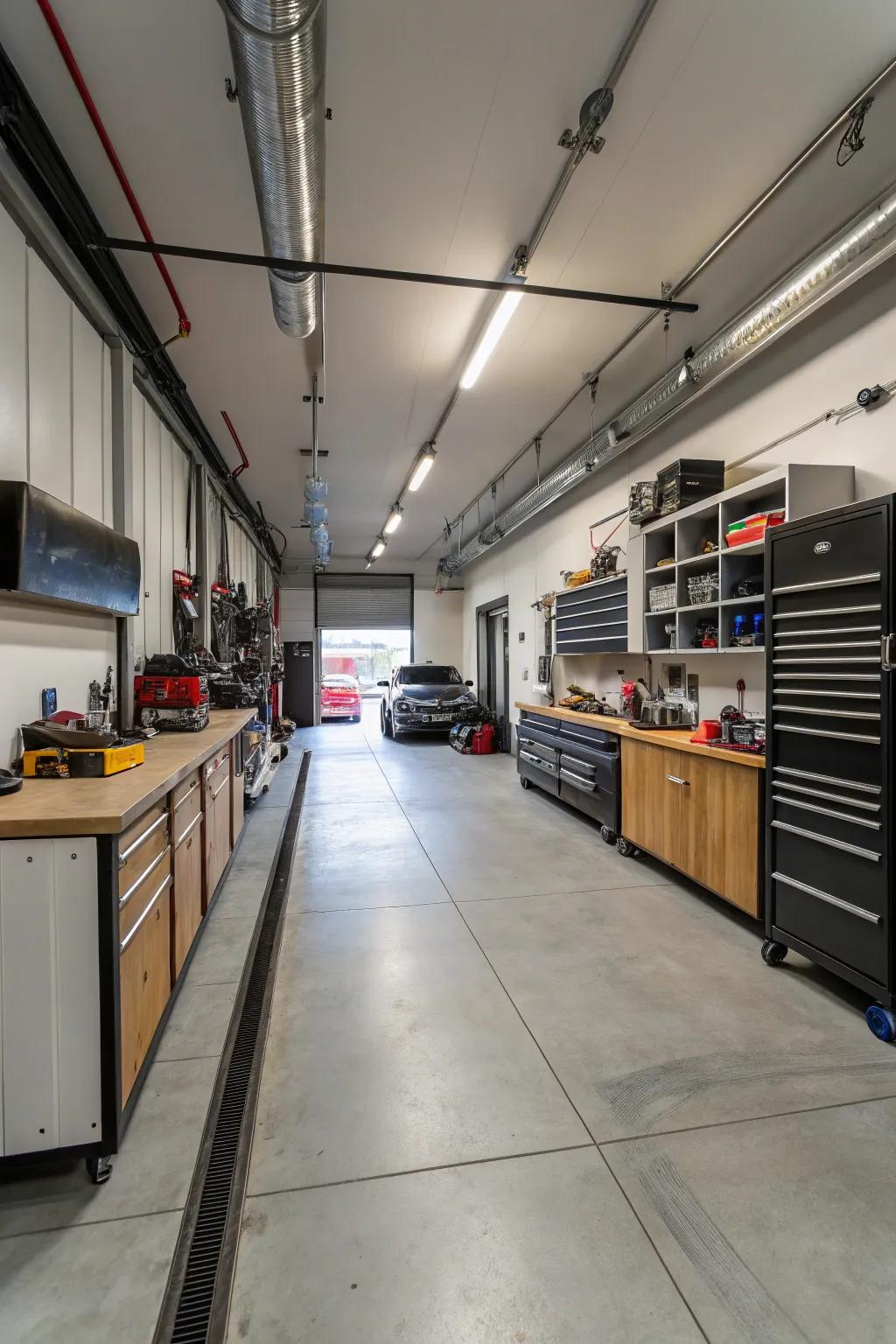 An elongated garage featuring ample space for a personalized workshop.