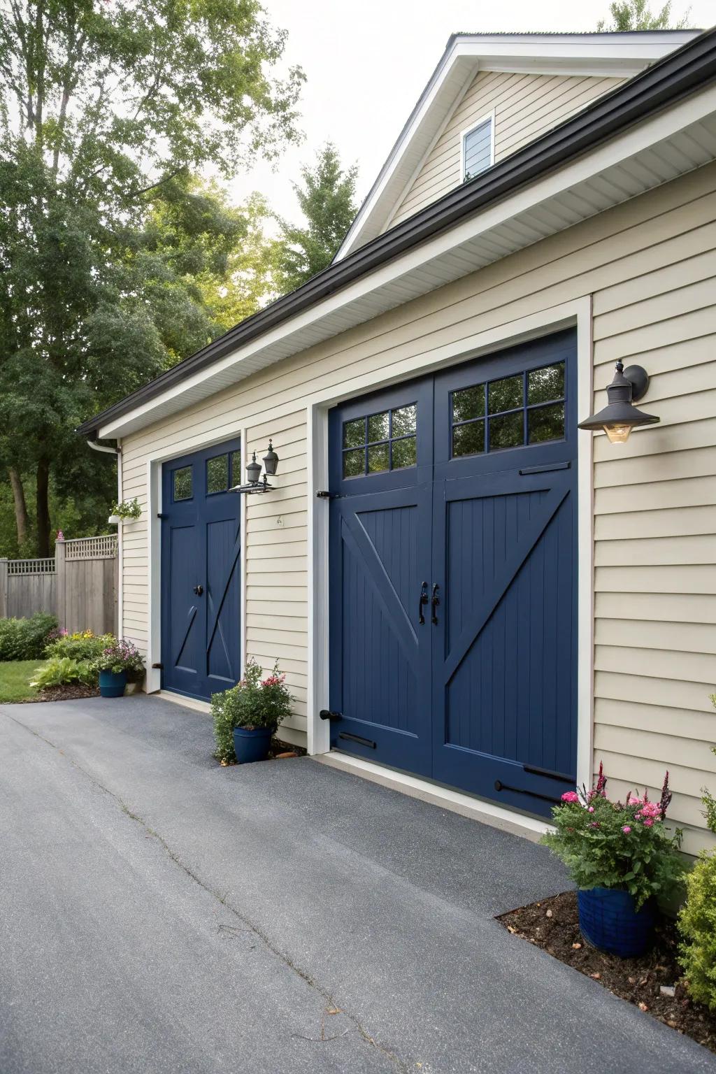 A garage exuding character with its striking navy entrances.